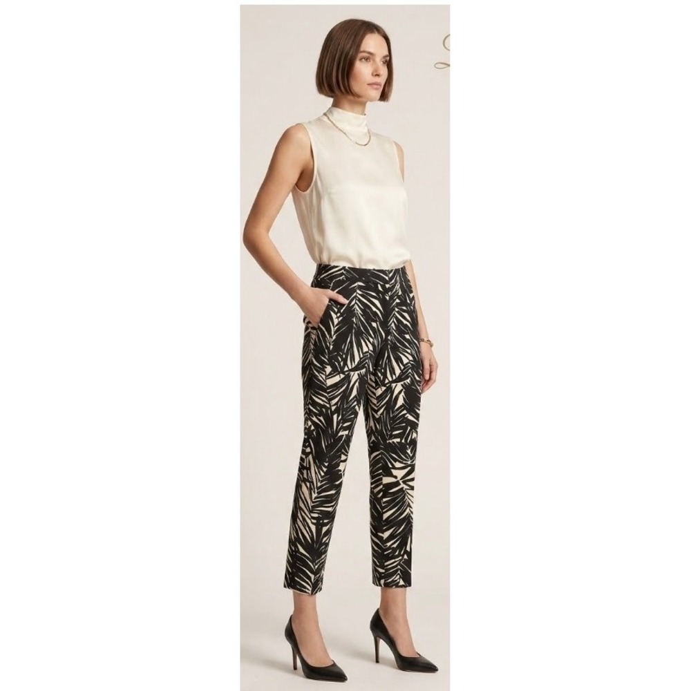 Lafayette 148 Women Black Cream Palm Leaf Print Ankle Pants Trousers Slim Fit